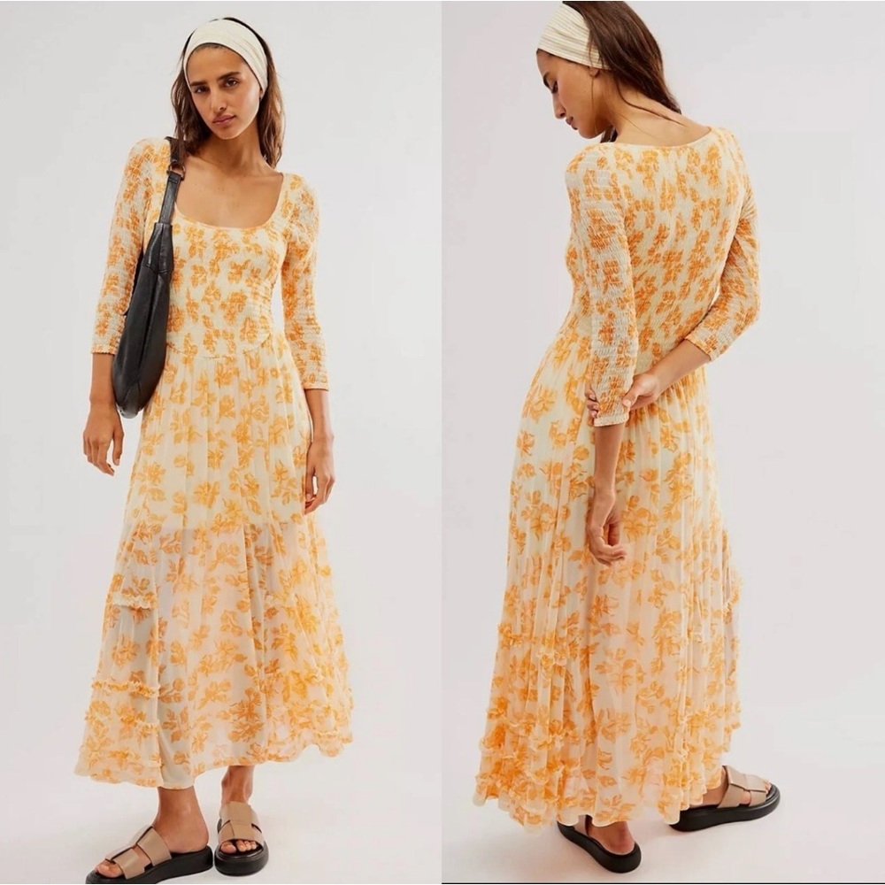 Free People "It's Fate" Floral Midi/Maxi Dress In Custard Combo MEDIUM